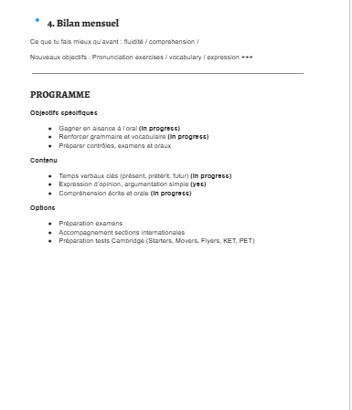 progression cours d'anglais 