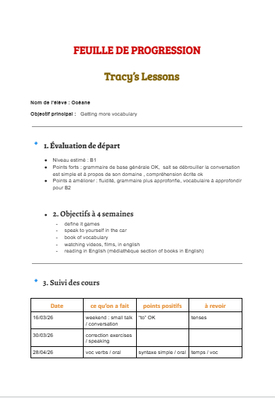 fiche de progression cours anglais